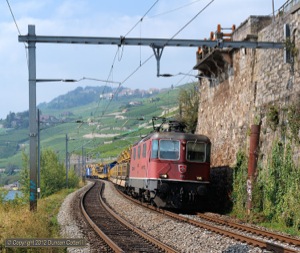 11175 skirted the Lake Geneva shoreline at St-Saphorin with an eastbound engineers' train on 5 September 2012.