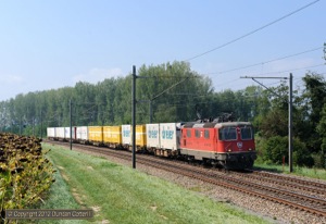11239 was photographed between Essert-Pittet and Ependes, working train 50727, the 12:33 Daillens - Frauenfeld postal containers, on 6 September 2012.