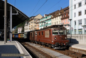Olten was very busy with freight traffic but it was almost impossible to predict which lines train would use. The only shot I got on 7 September 2012 was of a pair of BLS Re4/4s on a westbound intermodal that was held in platform 12. 174 and 186 set off after a brief stop.