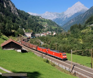Pairs of DB class 185s are a common sight on the Gotthard. 185.138 and 185.130 dragged a steel coil train up the grade past Gurtnellen on 8 September 2012.