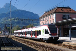 Local services from Brunnen to Luzern were worked by Flirt EMUs of classes 521 and 523 on 9 September 2012. 523.020, a refugee from the Basel S-Bahn, had a rest at Brunnen before working train 21346 to Luzern on 9 September 2012.