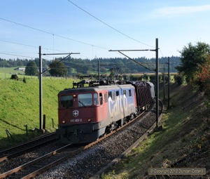 The 15:37 Biel RB to RB Limmattal freight was a good bet for an Ae6/6 and produced 610.482 on 5 October 2012. The train was photographed west of Niederbipp at one of the very few locations where the light wasn't too harsh for an eastbound train in the late afternoon.