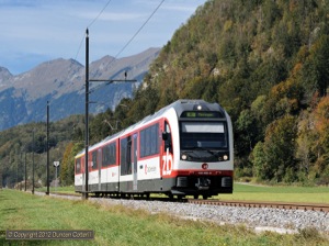 The latest threat to the 70 year old 110s is a new generation of EMUs of classes 150 and 160, now being delivered. 160.002 was photographed near Unterbach while working train 7449, the 12:33 Interlaken Ost - Meiringen, on 6 October 2012.  